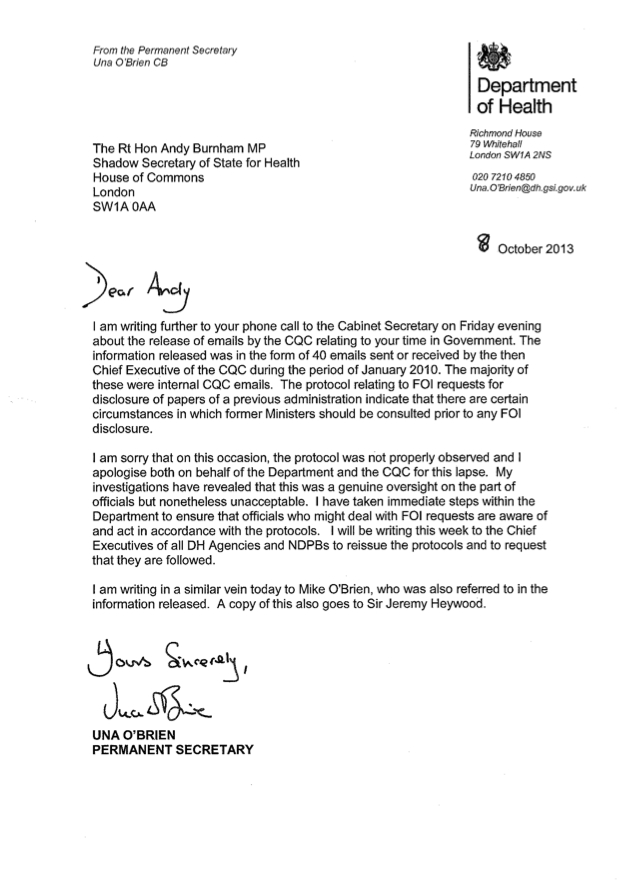 Andy Burnham receives apology from Department of Health 