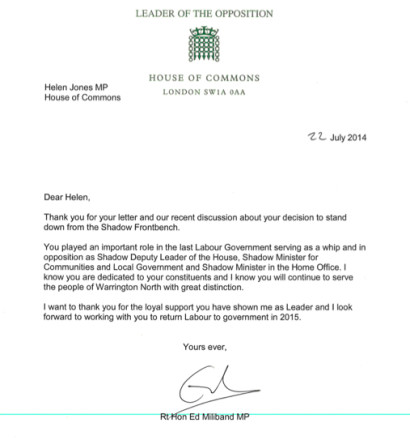 Miliband letter to Helen Jones