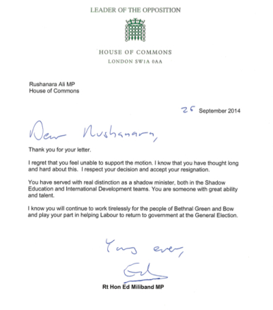 Miliband Rushanara response