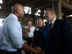 Nick Thomas Symonds meets Maryland governor Wes Moore at a visit to Sparrow's Point, where wind power jobs are being created at a former steelworks. Photo: Deborah Latta