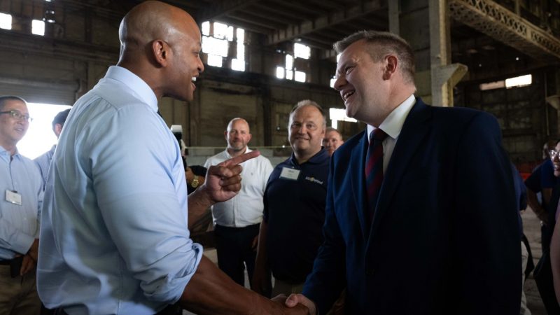 Nick Thomas Symonds meets Maryland governor Wes Moore at a visit to Sparrow's Point, where wind power jobs are being created at a former steelworks. Photo: Deborah Latta