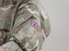 A Union Flag patch on a British army soldier's sleeve