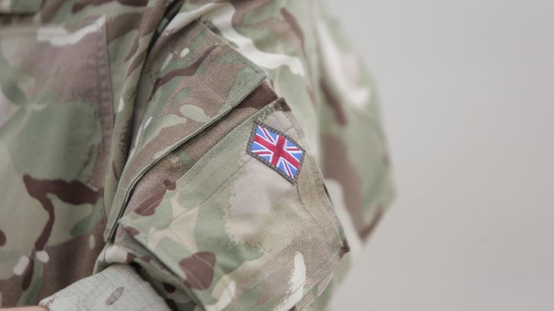 A Union Flag patch on a British army soldier's sleeve