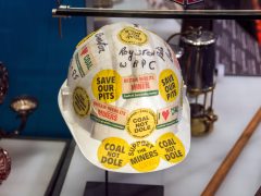 Barnsley Museum , Church street, Barnsley , South Yorkshire , UK 04 May 2024 : Coal not Dole Pit Helmet