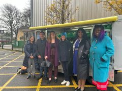 Councillor Rezina Chowdhury (Lambeth), Councillor Danial Adilypour (Lambeth). Alison McGovern MP, Liz Kendall MP, Councillor Nanda Manley-Browne (Lambeth), Councillor Kemi Akinola (Wandsworth) at the food bus at Jubilee Children's Centre