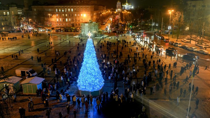 Ukraine's main Christmas tree lights are switched on amid Russia's attack on Ukraine in Sophia Square in Kyiv.