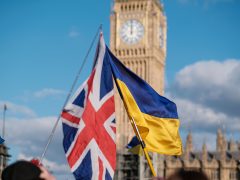 Union jack, Ukrainian flag and parliament