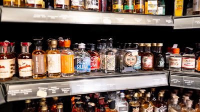 Bottles of alcohol on a shop shelf