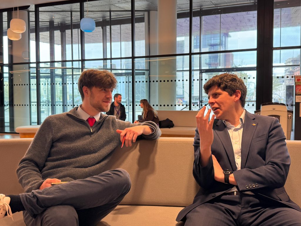 Reporter James Tibbitts with Huw Thomas