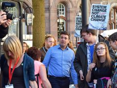 Andy Burnham in crowd at demo