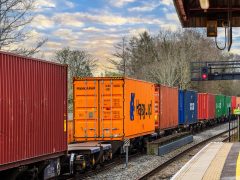 A British Rail Network Rail Freight goods cargo train