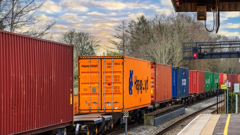 A British Rail Network Rail Freight goods cargo train