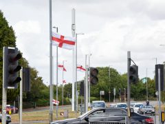 t George flags are flying on a roundabout in Northampton