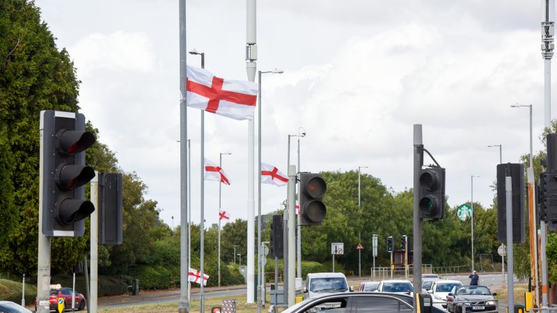 t George flags are flying on a roundabout in Northampton